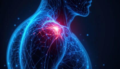 Shoulder pain depicted as a network of glowing points and lines.