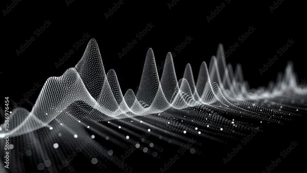 Poster detailed animation, white audio wave pulsating and visualizing sound on a black background, represen