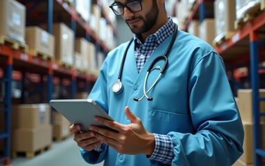 Warehouse worker wearing medical uniform uses tablet to track medical equipment inventory. Medical tech professionals manage warehouse inventory with digital tools. Efficient logistic in healthcare