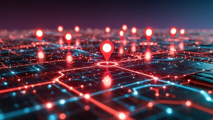 Digital Cityscape with Location Pins: A high-tech visualization of a modern city network, illuminated with glowing digital pathways and marked by prominent location pins.