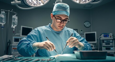 A focused surgeon is performing a procedure in a sterile operating room under bright lighting.
