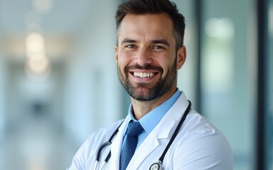 Portrait, healthcare and confident doctor, happy man or surgeon for medical services, clinic support or professional help. Cardiology health expert, trust and cardiologist pride in hospital wellness