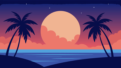 Naklejka premium Tropical Beach Moonrise Silhouette Background Scene for Digital Art