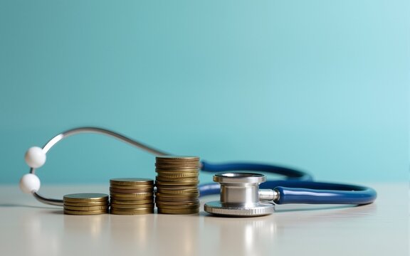 Stethoscope on Coins Representing Healthcare Costs. High quality