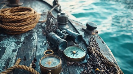 Vintage nautical instruments on a weathered wooden deck. © ambacim