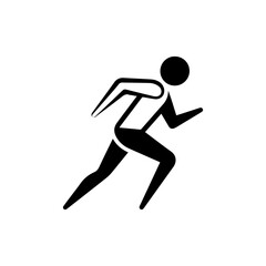 A simplified black and white figure of a person running depicted in a dynamic pose