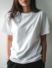 Fototapeta premium Young asian female in casual white t-shirt with hands in pockets.