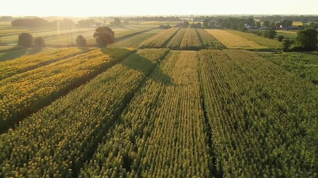 Aerial view farmland sunrise