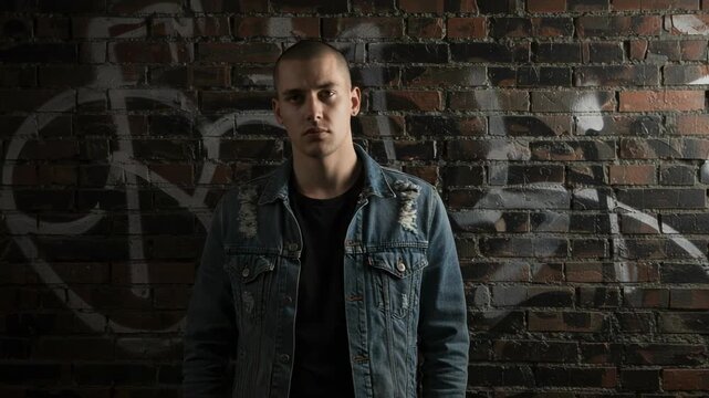 Moody portrait of a serious young man with a buzz cut. Cool guy in a denim jacket standing against a dark urban brick wall with graffiti.