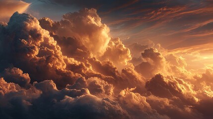 Dramatic sky filled with golden clouds glowing in radiant sunlight, intense warm tones, majestic and ethereal atmosphere, cinematic wide shot