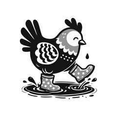 A chicken wearing polka-dot rain boots in a puddle
