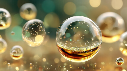 Amber liquid dances through bubbles, light and shadow weaving a dreamlike starry ballet