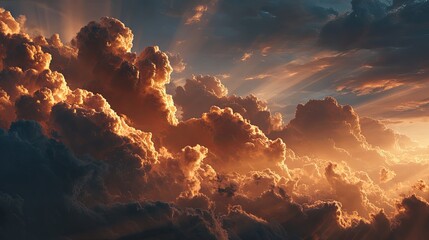 Dramatic sky filled with golden clouds glowing in radiant sunlight, intense warm tones, majestic and ethereal atmosphere, cinematic wide shot