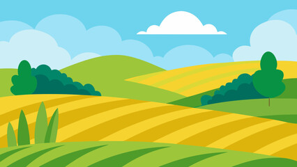 Fototapeta premium Picturesque Rural Scene in Vector Style with Green Fields and Vista
