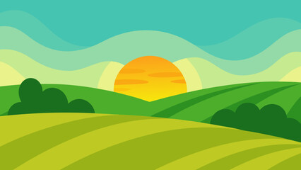 Clean Graphic Countryside Background Featuring Green Fields and Serenity
