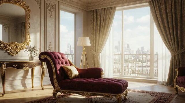 Opulent classic living room interior with a velvet chaise lounge, gilded mirror, and large windows overlooking a modern city.