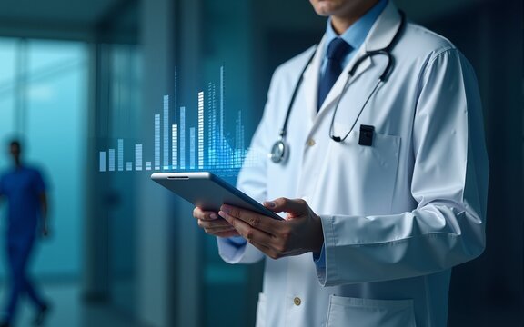 A healthcare professional using a digital device with data graphics overlay. High quality