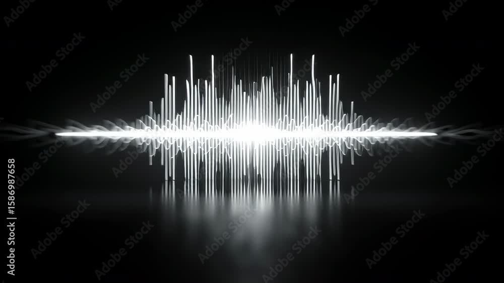 Poster ultra-realistic animation, white waveform equalizer pulsating on a black background, representing vo
