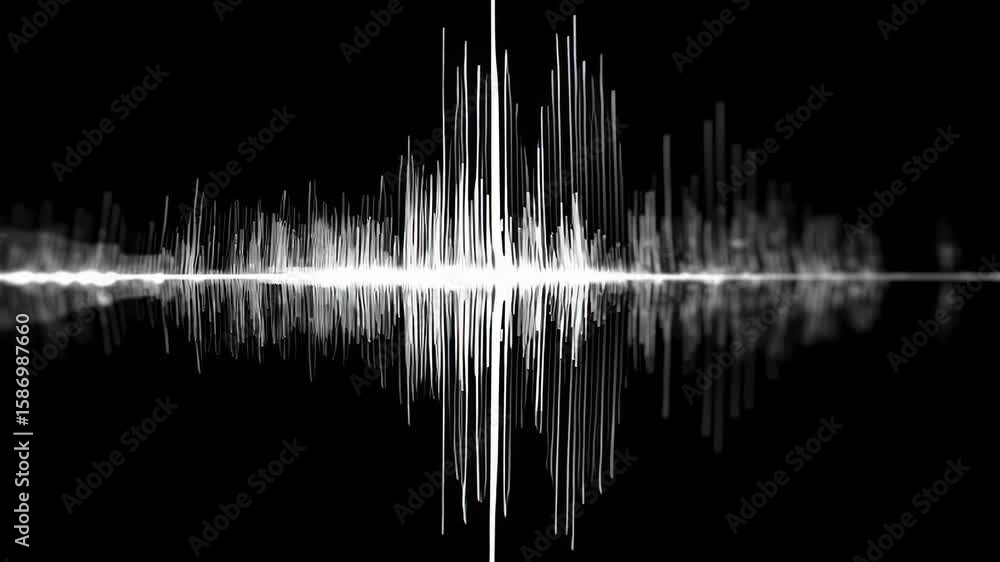 Poster ultra-realistic animation, white waveform equalizer pulsating on a black background, representing vo