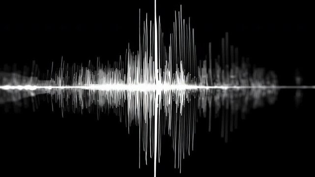 ultra-realistic animation, white waveform equalizer pulsating on a black background, representing voice record, AI, audio visualization