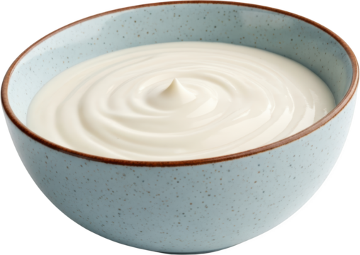 Light blue speckled bowl filled with creamy white yogurt smooth swirl texture isolate