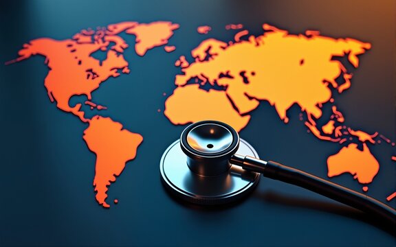 Stethoscope rests on a digital world map highlighting the intersection of healthcare and global health challenges in a vibrant orange and black design. High quality - Powered by Adobe