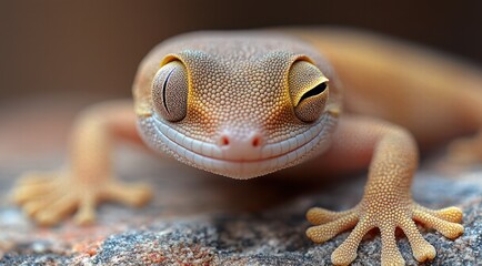 Portrait of small gecko lizard on rock, close-up, cute reptile
