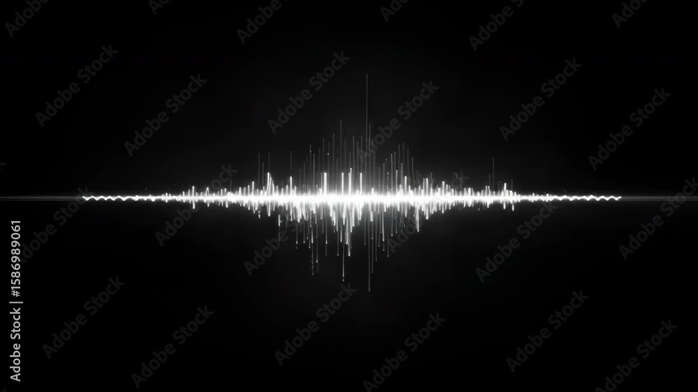 Poster ultra-realistic animation, white waveform equalizer pulsating on a black background, representing vo