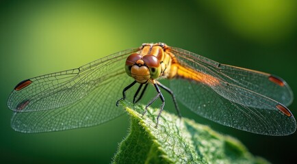 Dragonfly resting on a leaf in a sunny environment