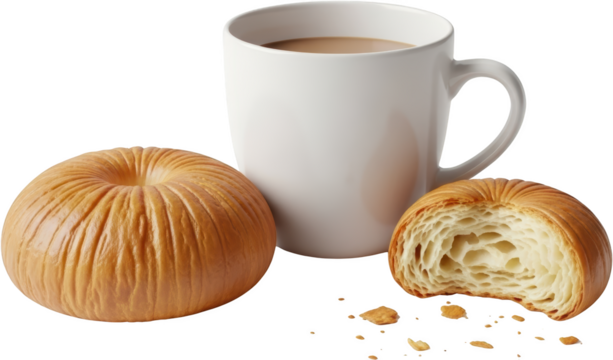One whole croissant one half croissant and a mug of coffee pastry bakery transparent background