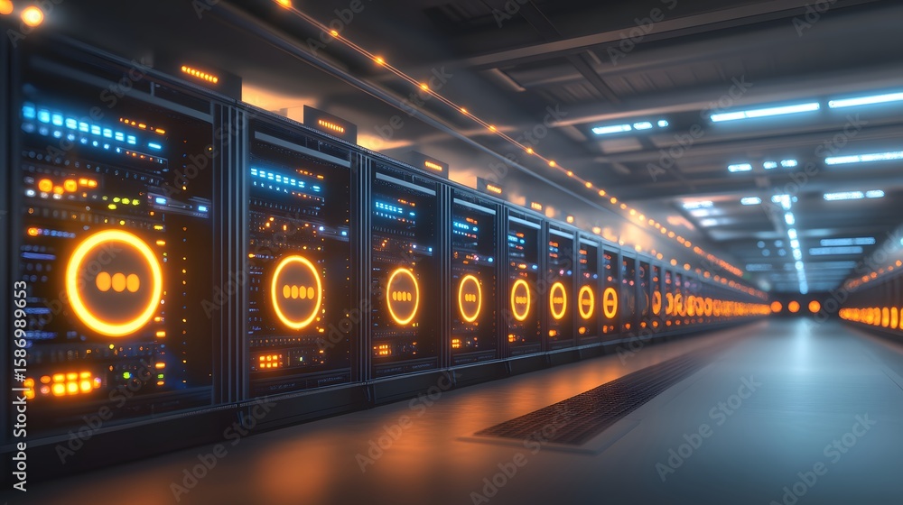 Poster rows of illuminated server racks in a futuristic data center.