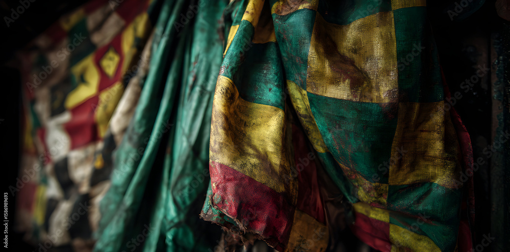 Poster vibrant close-up of an old benin flag with colorful patterns and textures