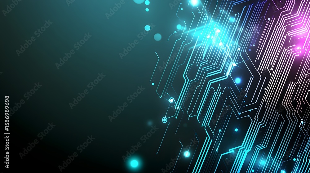 Poster intricate circuit board design with glowing lines.