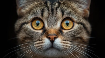 Portrait of tabby cat with large amber eyes on black background.