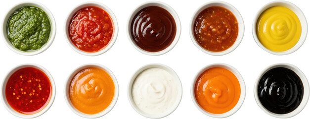 Collection of ten dipping sauces in white bowls including pesto tomato barbecue and mustard transparent background