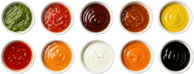 Collection of ten dipping sauces in white bowls including pesto tomato barbecue and mustard transparent background