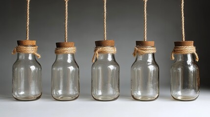 Hanging vintage glass bottles with cork stoppers and rustic twine detail for home decor