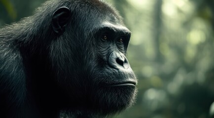 Obraz premium Portrait of a thoughtful gorilla in the jungle, side profile view