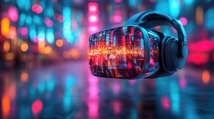 Immersive Virtual Reality Experience with High-Tech VR Headset Reflecting Neon Cityscape