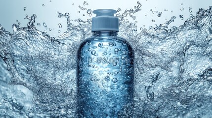 Invigorating splash of water around clear bottle showcases purity and freshness