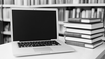 Laptop and Stack of Books in Library Setting Suggesting Research and Study