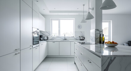 Modern Kitchen Interior Shows White Cabinets, Marble Countertops, and Natural Light