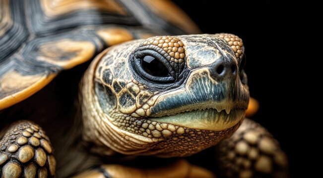Closeup portrait of an exotic tortoise against black background