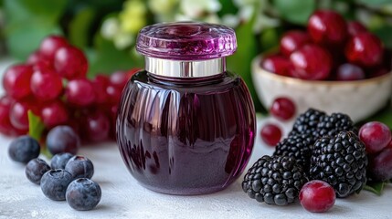 Luxurious dark fruit fragrance perfume with grapes and blackberries still life