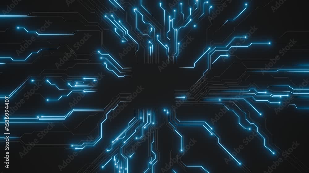 Poster seamless loop. glowing blue circuit lines on a dark background for digital connectivity, high-tech n