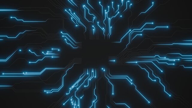 Seamless Loop. Glowing Blue Circuit Lines on a Dark Background for Digital Connectivity, High-Tech Networks, Technology and Communication Systems.  Created using non-AI 3d Software