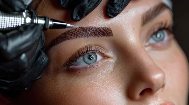 Cosmetologist performing precise permanent eyebrow makeup procedure at modern beauty clinic