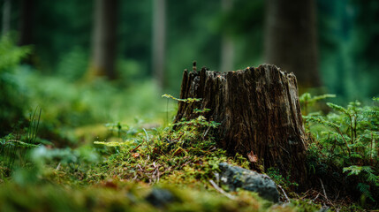 Close up photograph of tree stump surrounded by lush greenery in tranquil forest setting, evoking sense of peace and nature beauty