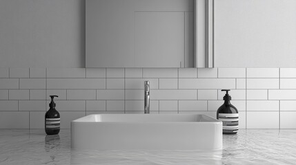 Minimalist bathroom interior featuring a square sink, elegant bottles, and classic subway tile
