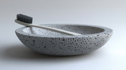 Minimalist bathroom composition showcasing a toothbrush resting on a textured concrete bowl holder